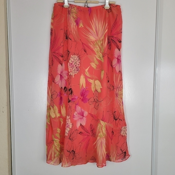 Meghan Matthews Coral Pink Floral Maxi Skirt Womens 16 Flowy Boho Hippie Vtg - Picture 9 of 11
